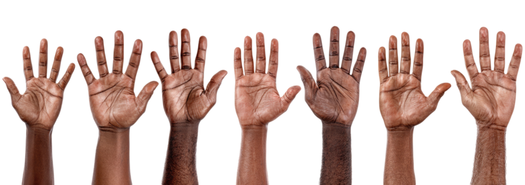 Raised hands, diverse skin tones