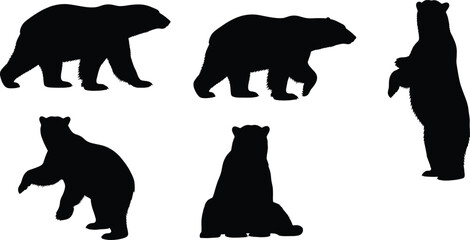 Silhouettes of black bears in various poses standing, walking, sitting, and climbing, wildlife, nature, forest animals, animal behavior, wilderness, outdoor scene, wild bears, black bear family.