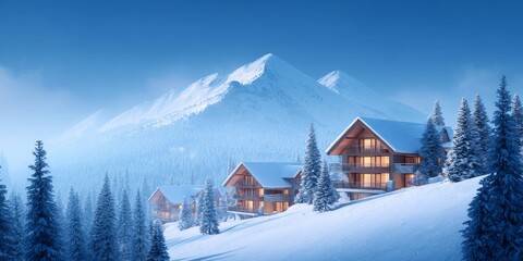 Luxury Ski Resort Experience During Winter Holiday Travel, Snow-covered mountains with cozy chalets in a serene winter landscape.