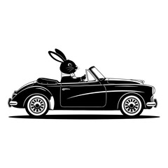 Obraz premium Bunny Car Driving Silhouette Vector – Funny Rabbit in Vehicle Outline Clipart for Kids, Cartoon Design, Logo, and Decoration