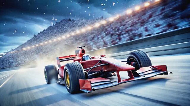 This video captures the intense moment of a race car on a winter track. Snowflakes drift down as the powerful vehicle rushes past, with stadium lights illuminating the grandstands. 