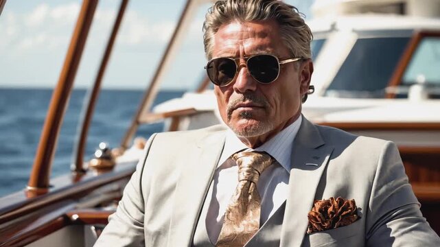 This video shows a captivating and powerful portrait of a wealthy man enjoying a day on his yacht. His rugged yet refined look, combined with his direct gaze, conveys leadership and confidence. 
