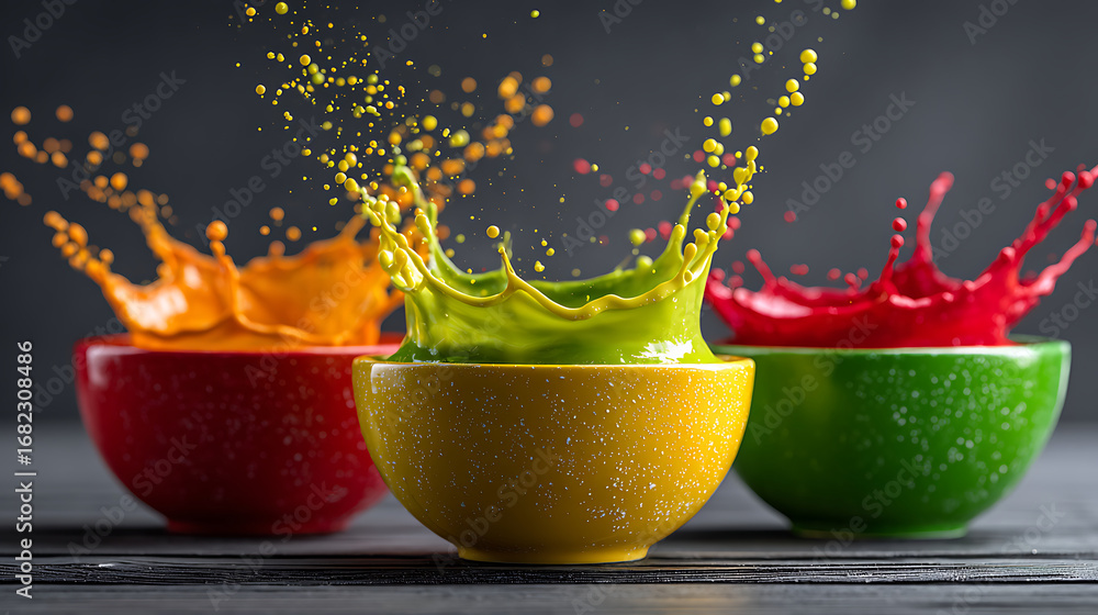 Poster Colorful Splashes From Bowls of Paint Create Dynamic Visual Display During Art Project in Studio