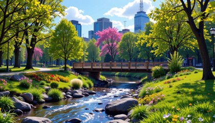Serene Urban Park Landscape with Stream, Trees, Flowers, and Skyscrapers in Springtime Under Bright Blue Sky