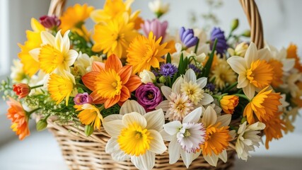 Obraz premium Blooming Narcissus Arrangement in Rustic Basket