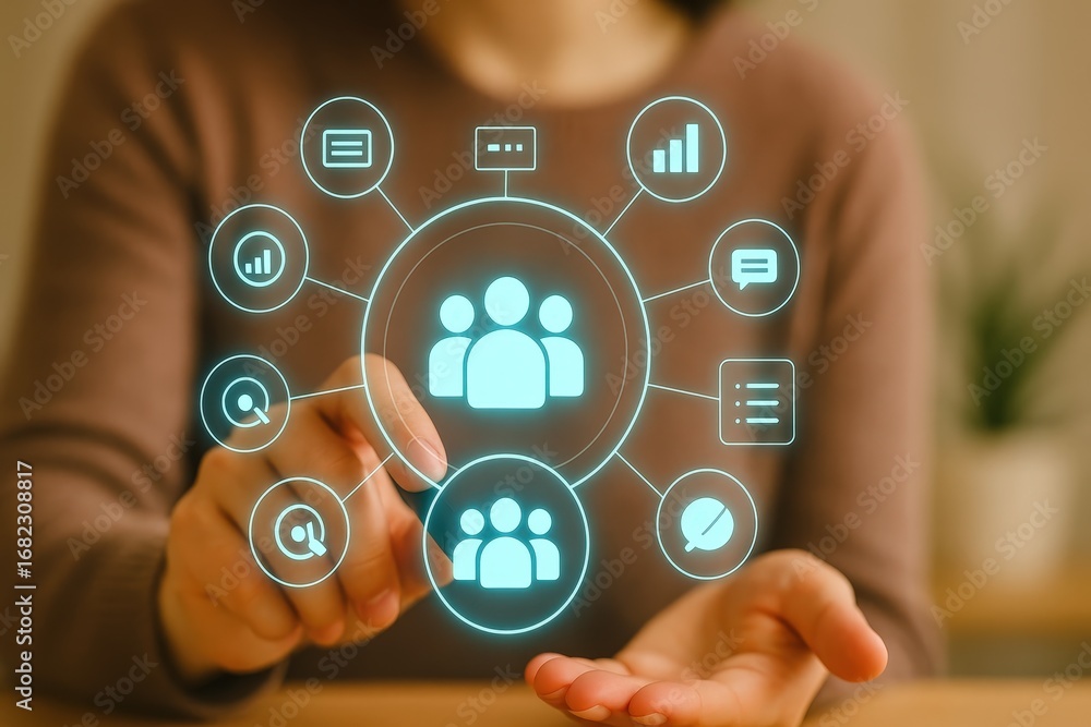 Poster a person interacts with a digital interface displaying interconnected data visualization elements ce
