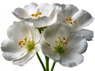 Obraz premium Four elegant white anemone flowers with yellow stamens are blooming on a white isolated background now.