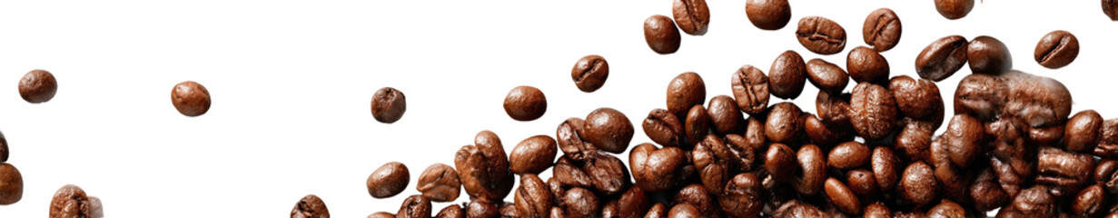 Fototapeta premium Close-up of many coffee beans, scattered and piled high. A dark background accentuates the rich brown tones of the beans. High definition details show the varied textures of the individual beans