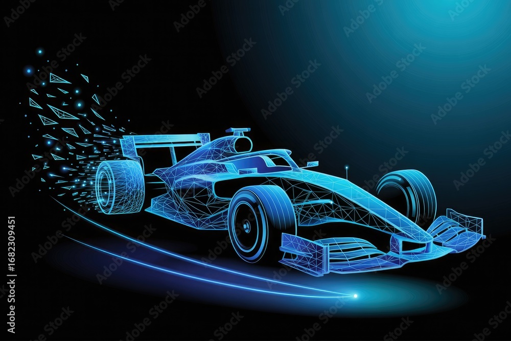 Poster futuristic digital wireframe race car exploding into blue glowing pixels with motion trails