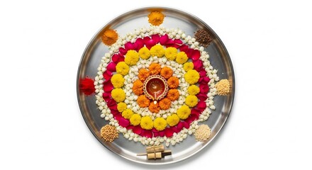 Diwali puja thali photo featuring flower decorations, diya and kumkum. Perfect for festival promotions, greeting cards, and religious event invitations. Celebratory theme.
