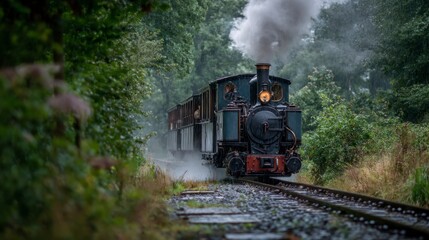 Obraz premium Vintage steam train traveling through forest along railroad tracks