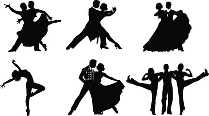 Silhouettes of dancing couples and solo dancers performing ballroom, tango, salsa, and contemporary dance, elegant movements, formal attire, artistic dance poses, graceful expressions.