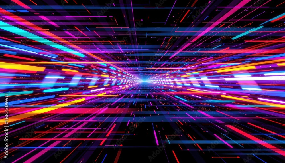 Poster vibrant neon light trails in a speed tunnel for dynamic abstract backgrounds and digital designs