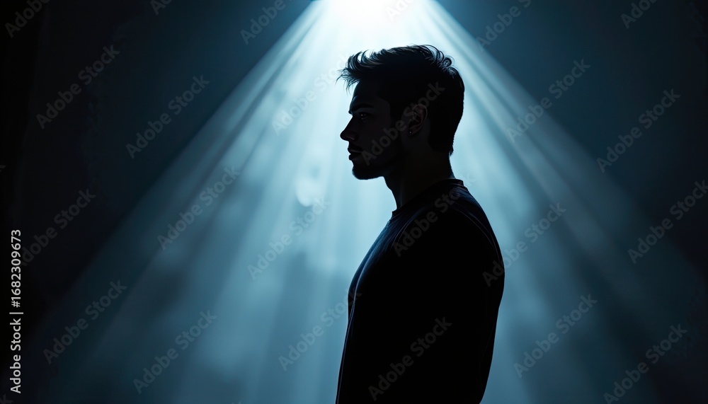Poster profile of a pensive man in silhouette with dramatic light rays creating a mysterious atmosphere