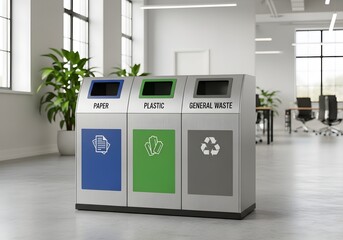 Modern office recycling station with paper, plastic, and general waste bins in a clean interior, sharp edges and natural lighting