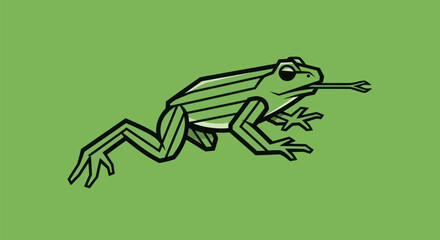 Green frog with striped body catching an insect with its tongue.