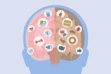 Human brand with Healthy Brain and unhealthy brain. Different brain development is caused by different behaviors such as listening to podcasts, consuming drama, eating junk food, vegetables.