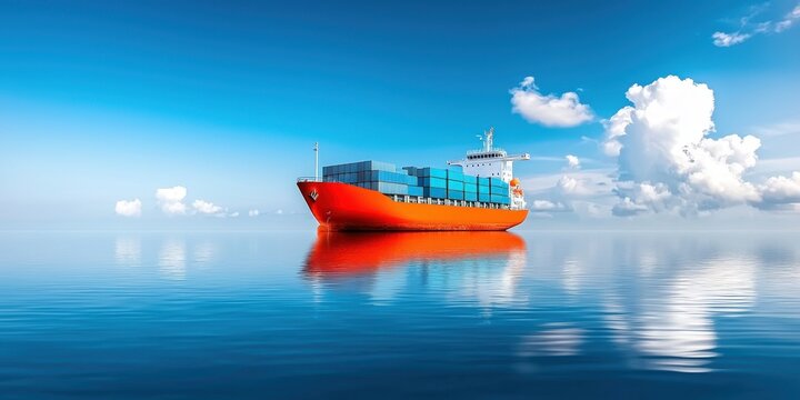 boat ocean logistic concept. A cargo ship floats on calm waters under a bright blue sky with fluffy clouds.