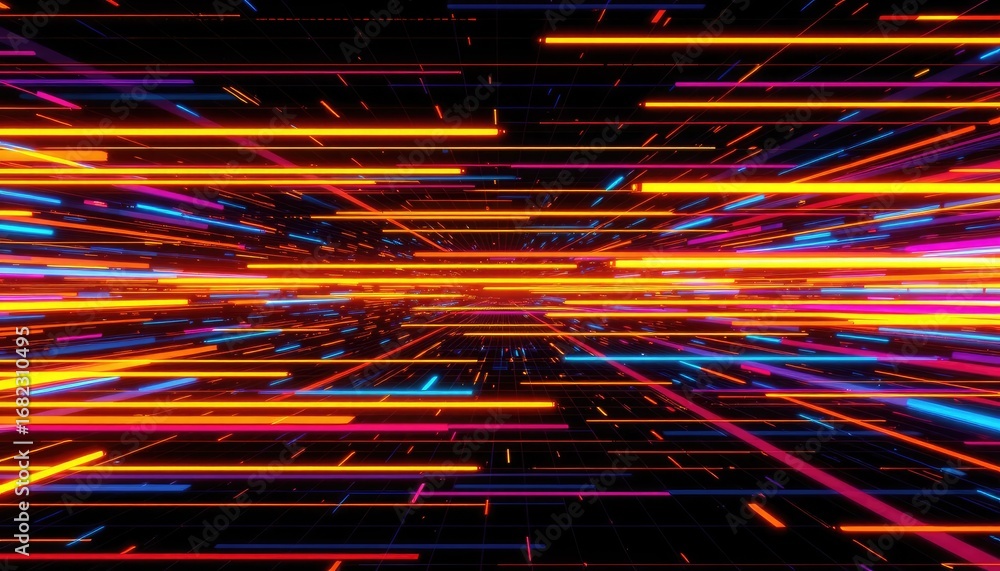 Poster abstract neon lines motion background with vibrant colors and light trails for futuristic design and