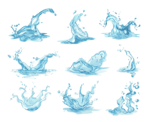 Water splash graphic design collection.  Twelve stylized water splashes, various shapes and sizes, light blue tones.  Detailed textures suggest motion and impact