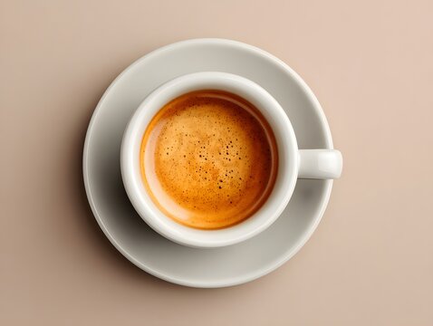 Overhead shot presents a cup of espresso coffee with rich crema atop a matching saucer on a smooth surface.