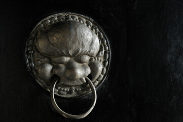 Traditional wooden door knockers at the Huguang Guild Hall in Yuzhong District, Chongqing, China.