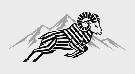 Graphic illustration of a powerful ram with striped body and large horns.