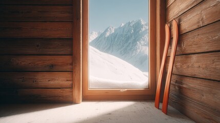 Luxury Ski Resort Experience During Winter Holiday Travel, Ski equipment by a window with mountain view, showcasing a cozy winter cabin atmosphere.