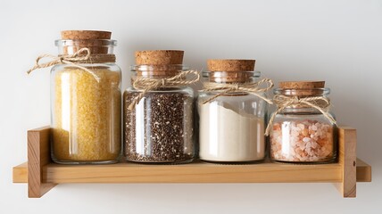 Rustic Kitchen Shelf: Organic Grains, Seeds, and Himalayan Pink Salt in Glass Jars.