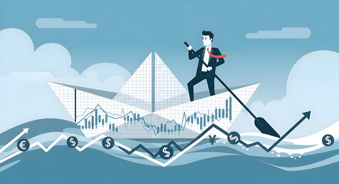 A businessman navigating financial markets in a paper boat with charts and currency symbols around him - Powered by Adobe