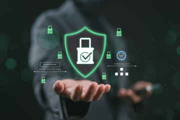 Cybersecurity and data protection concept with businesswoman holding glowing shield and padlock icon, representing secure network, encryption, digital safety, privacy system and online threat defense