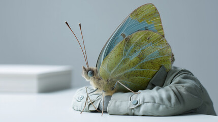Green butterfly in gray suit leading quiet sustainable transformation