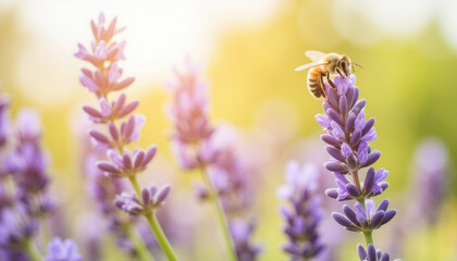 Obraz premium Bee collecting nectar from lavender flowers in a sunny garden 