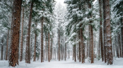 Fototapeta premium Winter forest scene snow covered evergreen trees in a serene landscape