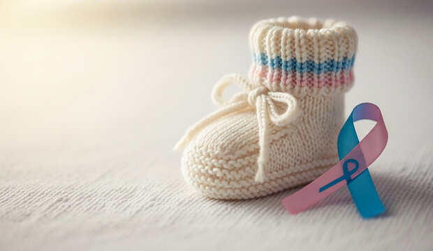 A close-up of a soft, hand-knitted baby bootie with a delicate pink and blue stripe, a sweet and gentle image of a newborn gift or pregnancy announcement.
