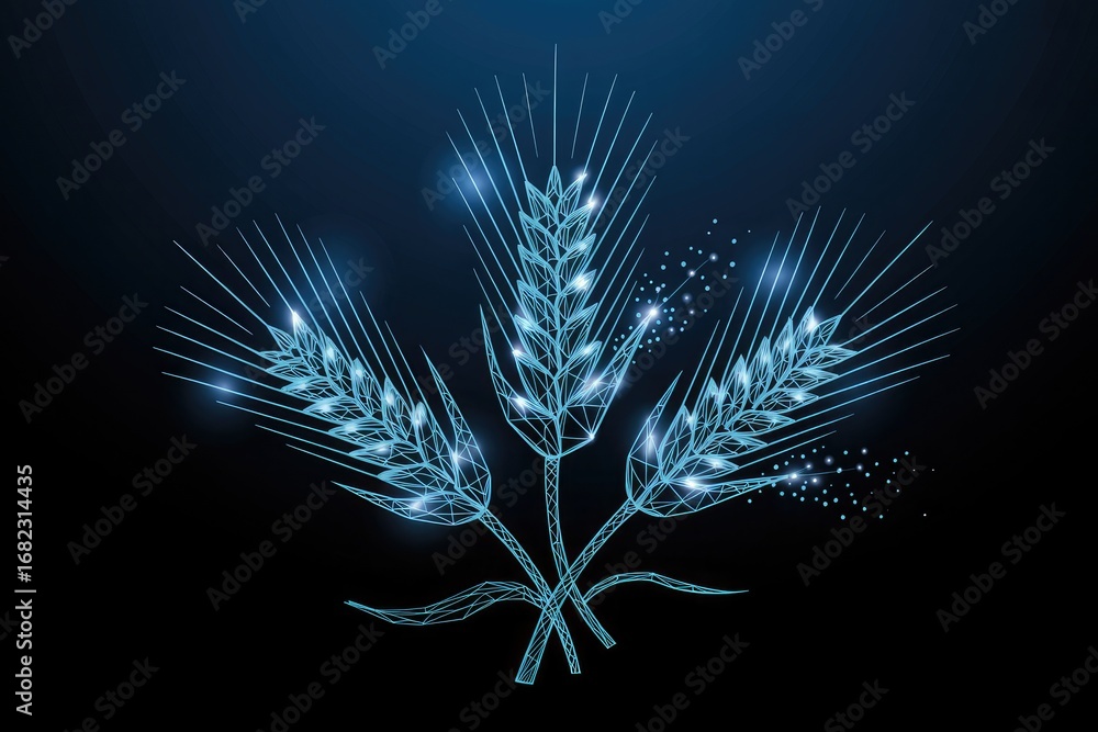 Poster futuristic glowing wheat stalks with cyan light emanating from a dark deep space background