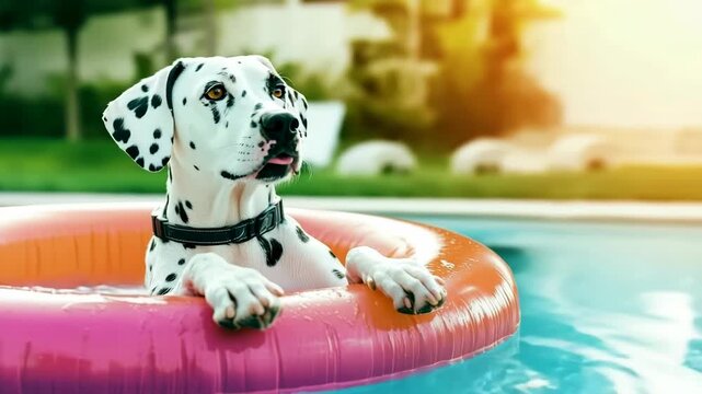 Dalmatian dog relaxing on pool float at sunset