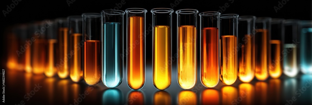 Poster colorful test tubes filled with various liquids illuminated against a dark background during a scien