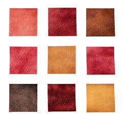 Fototapeta premium Nine square swatches of textured leather, various shades of red, brown, and orange, arranged in a grid against a black background. 