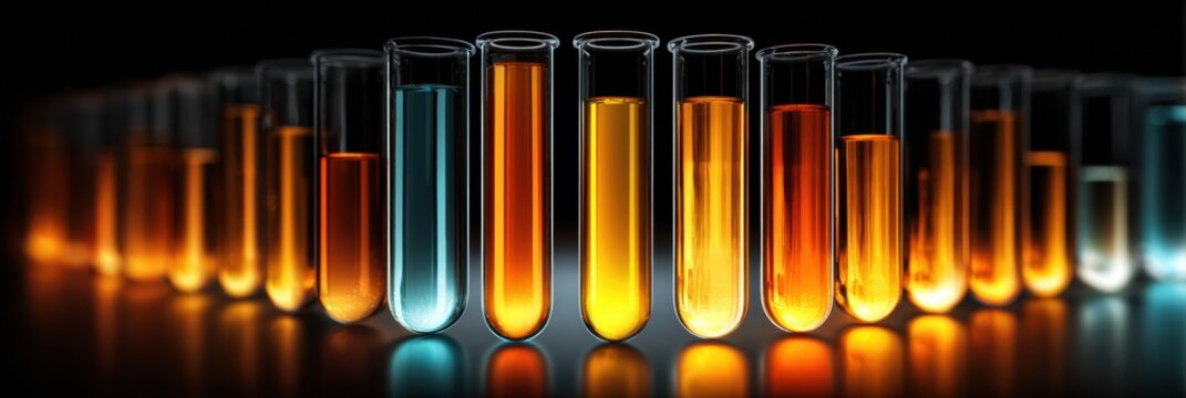 Colorful Test Tubes Filled With Various Liquids Illuminated Against a Dark Background During a Scientific Experiment at a Laboratory