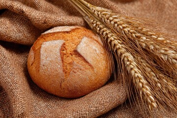 Round artisan bread sits on burlap next to wheat stalks