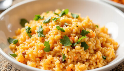 Creamy risotto with herbs in a white bowl on rustic table