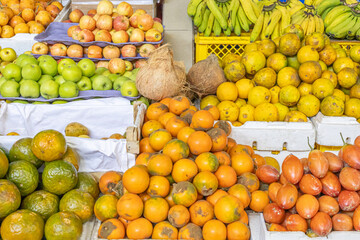 Colorful fresh fruit stand at a local market featuring oranges, tamarillos, coconuts, bananas, red and green apples, dragon fruit, and granadillas. Perfect for themes of tropical nutrition, Ecuadorian