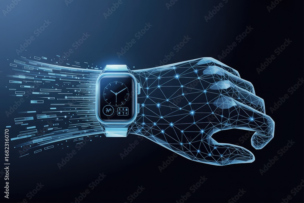 Poster futuristic low poly wireframe hand with smartwatch glowing with digital data flow