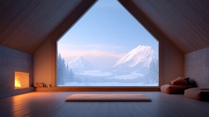 Luxury Ski Resort Experience During Winter Holiday Travel, A cozy interior with a large window showcasing a snowy mountain landscape at sunset.