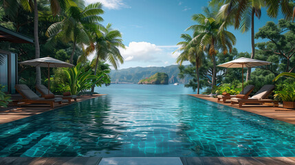Luxury swimming pool in the tropical hotel or resort. Palm trees and infinity pool close to lounge chairs and umbrellas.
