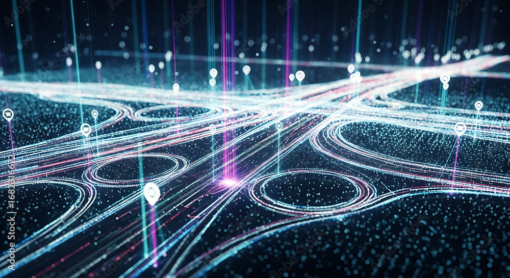 Aufkleber aerial view of a futuristic highway interchange with glowing lines and location markers displayed ai
