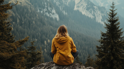 woman traveler looking at mountains and forest view