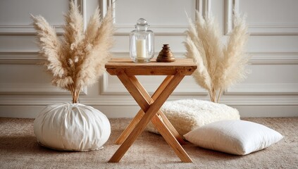 A light beige room with decorative pampas grass, a wooden table, and neutral colored cushions.