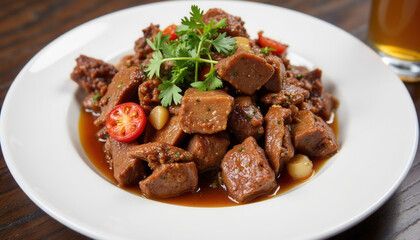 Spicy meat dish served in a white bowl with fresh herbs and chili  